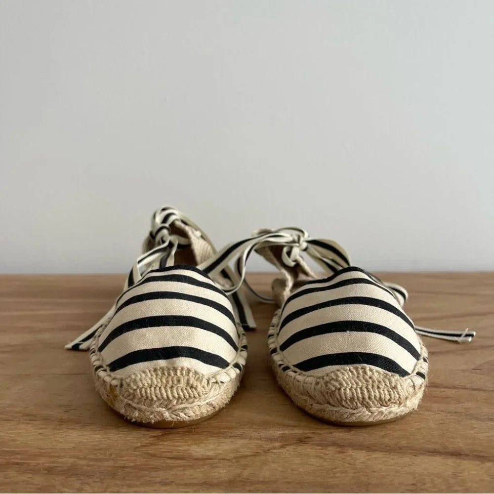 ❌SOLD❌SOLUDOS Lace-up flat espadrille shoes black cream stripe nautical size 7.5 - Picture 3 of 12